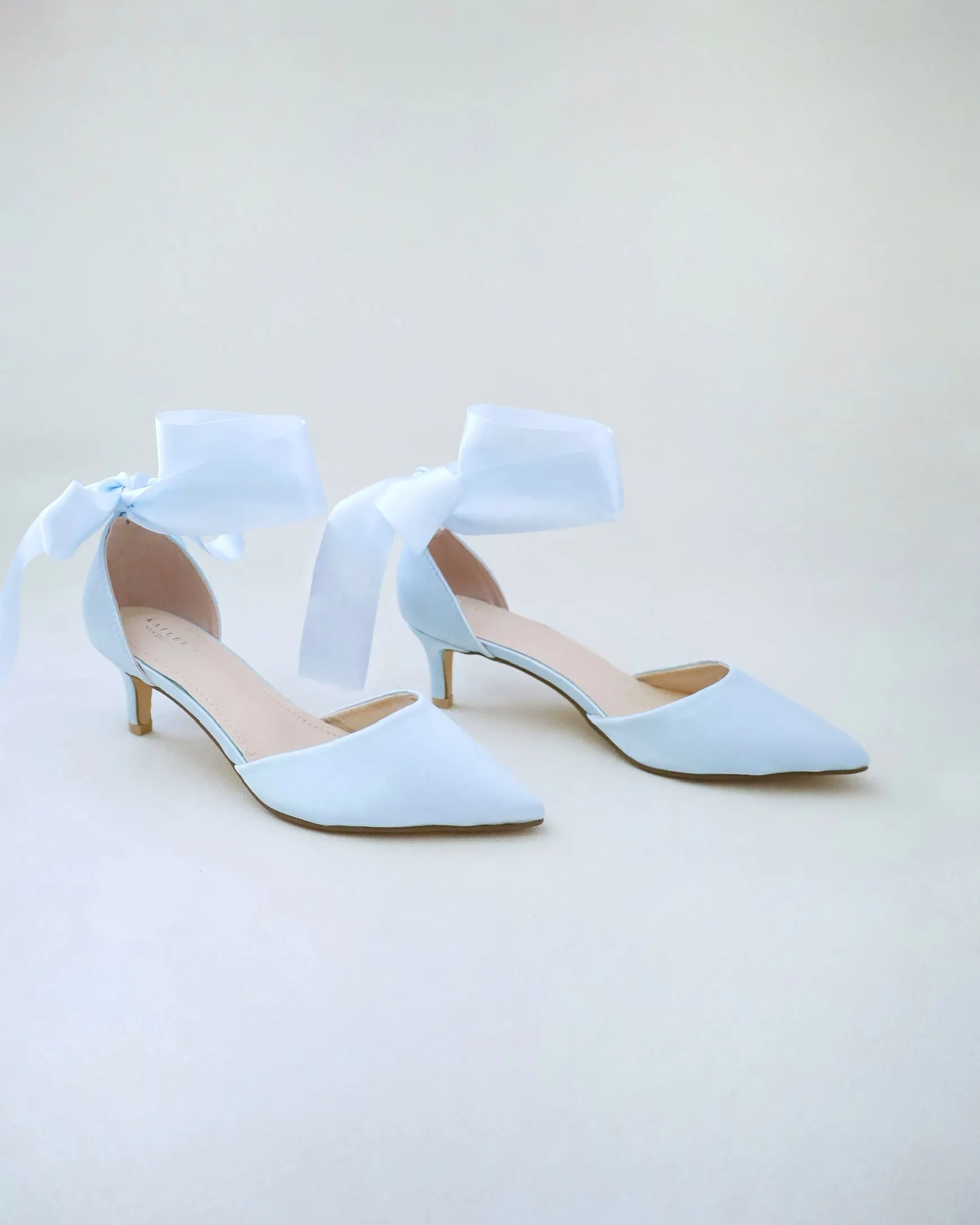 Satin Pointy Toe Low Heels with Wrapped Ankle Tie