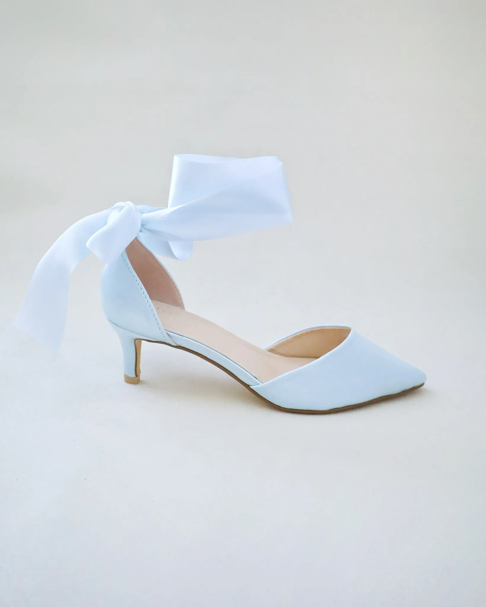 Satin Pointy Toe Low Heels with Wrapped Ankle Tie