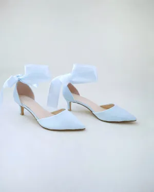 Satin Pointy Toe Low Heels with Wrapped Ankle Tie