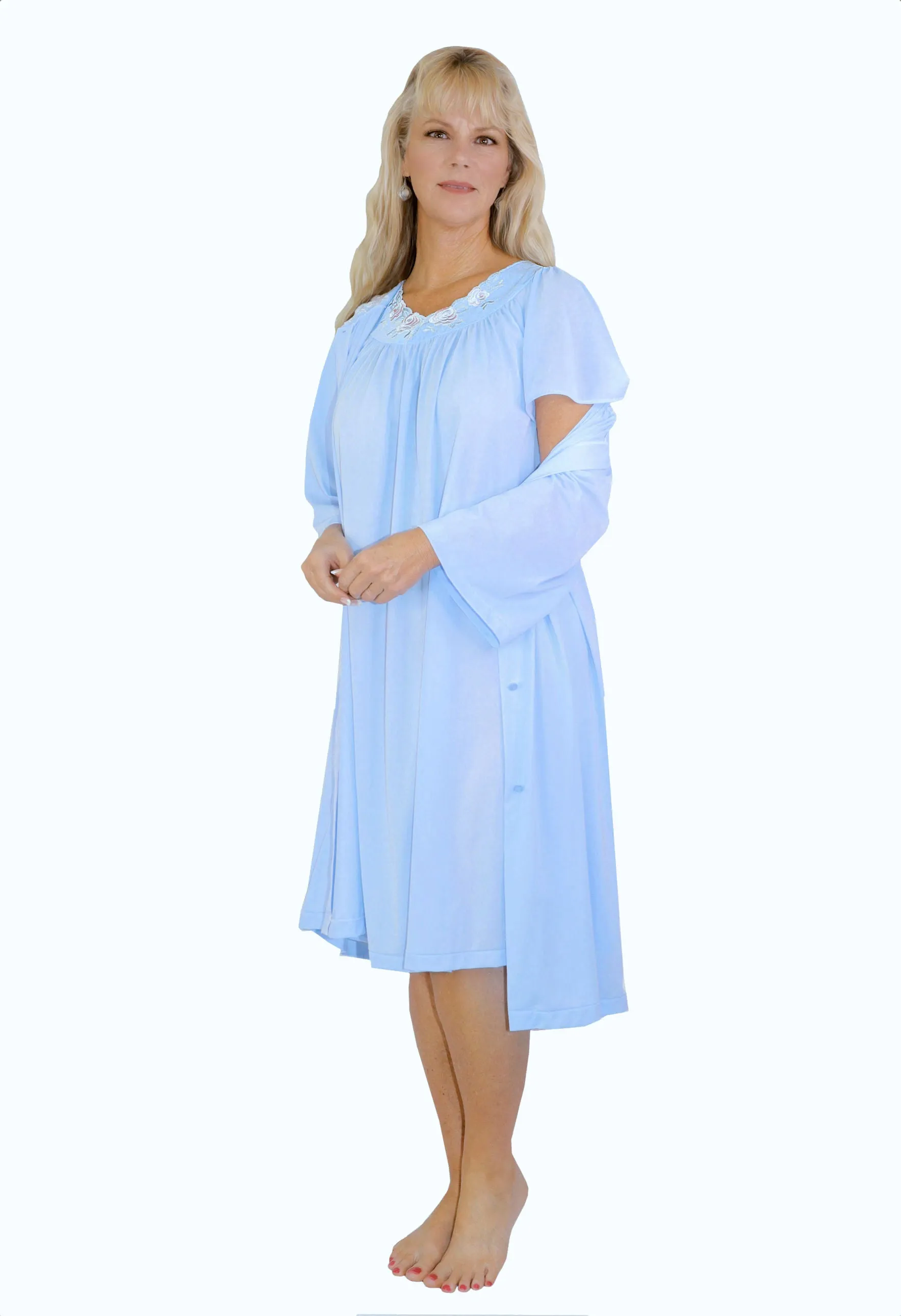 Shadowline Women's Nightgown and Robe Pajama Set Nylon Short Flutter Sleeve 36280
