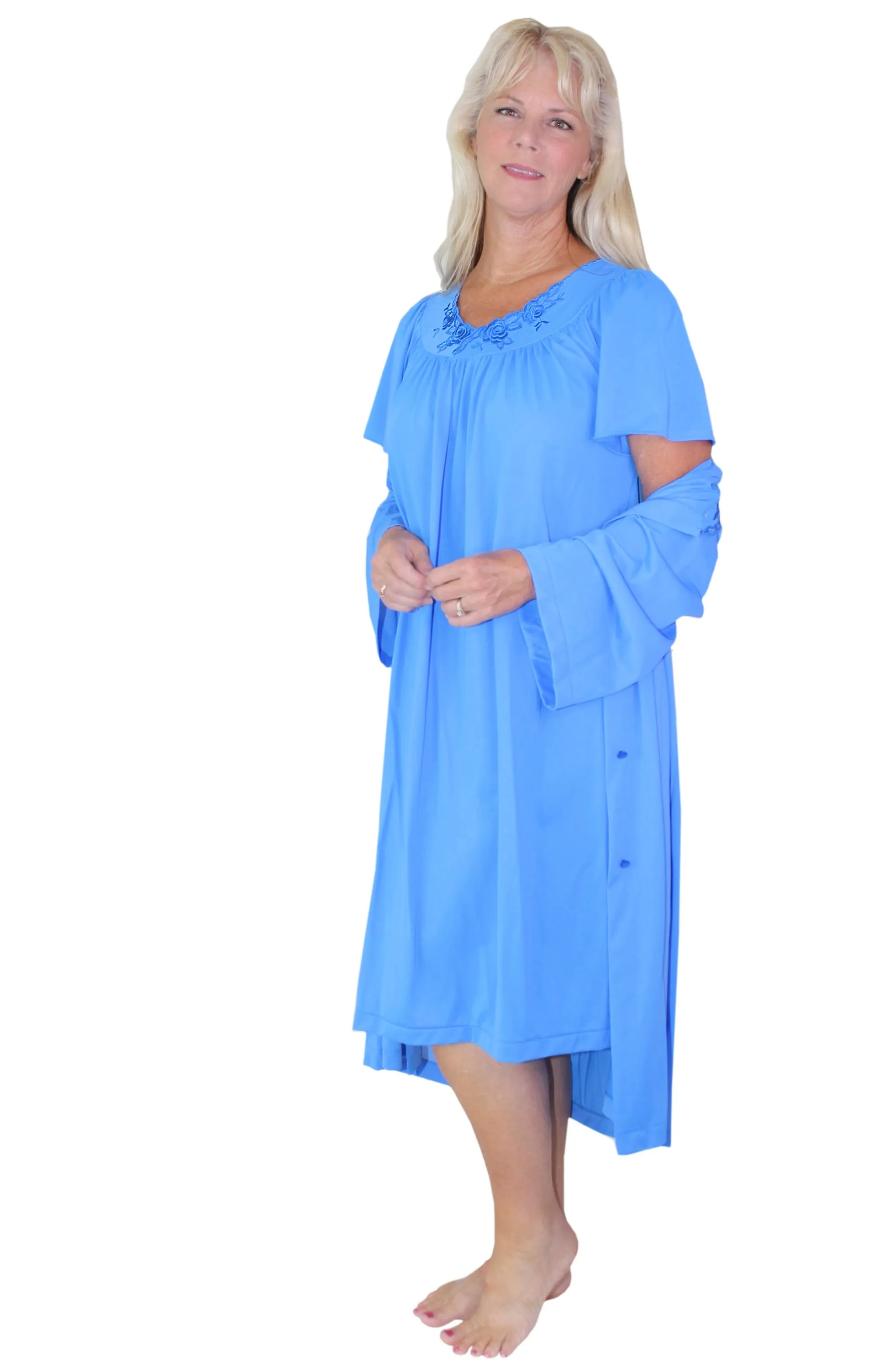 Shadowline Women's Nightgown and Robe Pajama Set Nylon Short Flutter Sleeve 36280