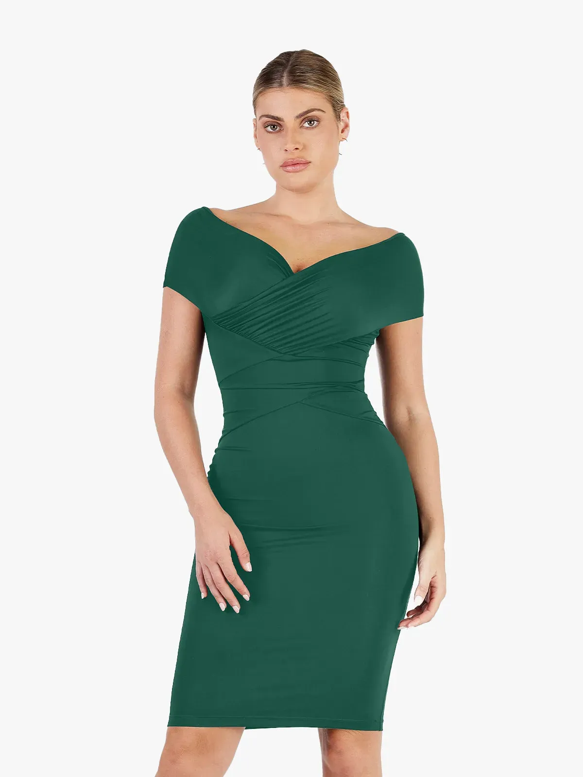 Shapewear Ruched Off-Shoulder Sculpting Midi Dress
