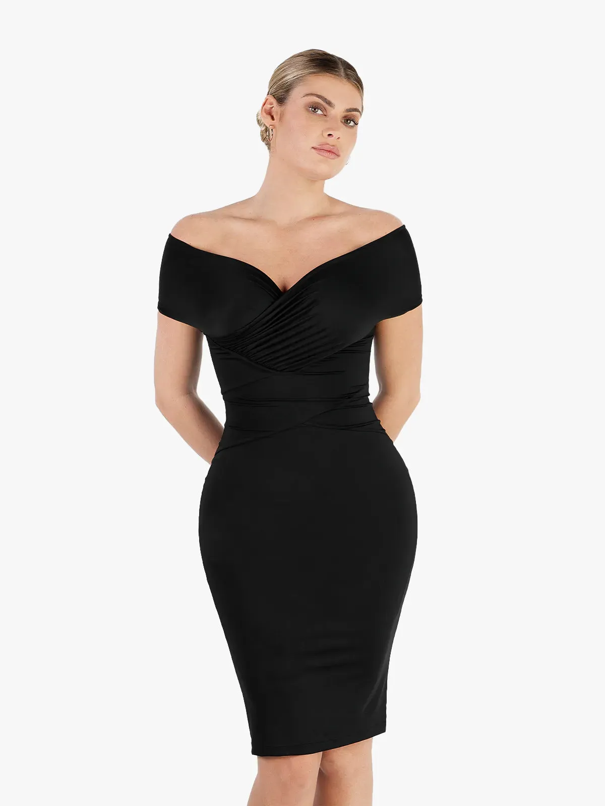 Shapewear Ruched Off-Shoulder Sculpting Midi Dress