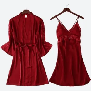 Silken Lace-Trimmed Nightwear and Robe Set