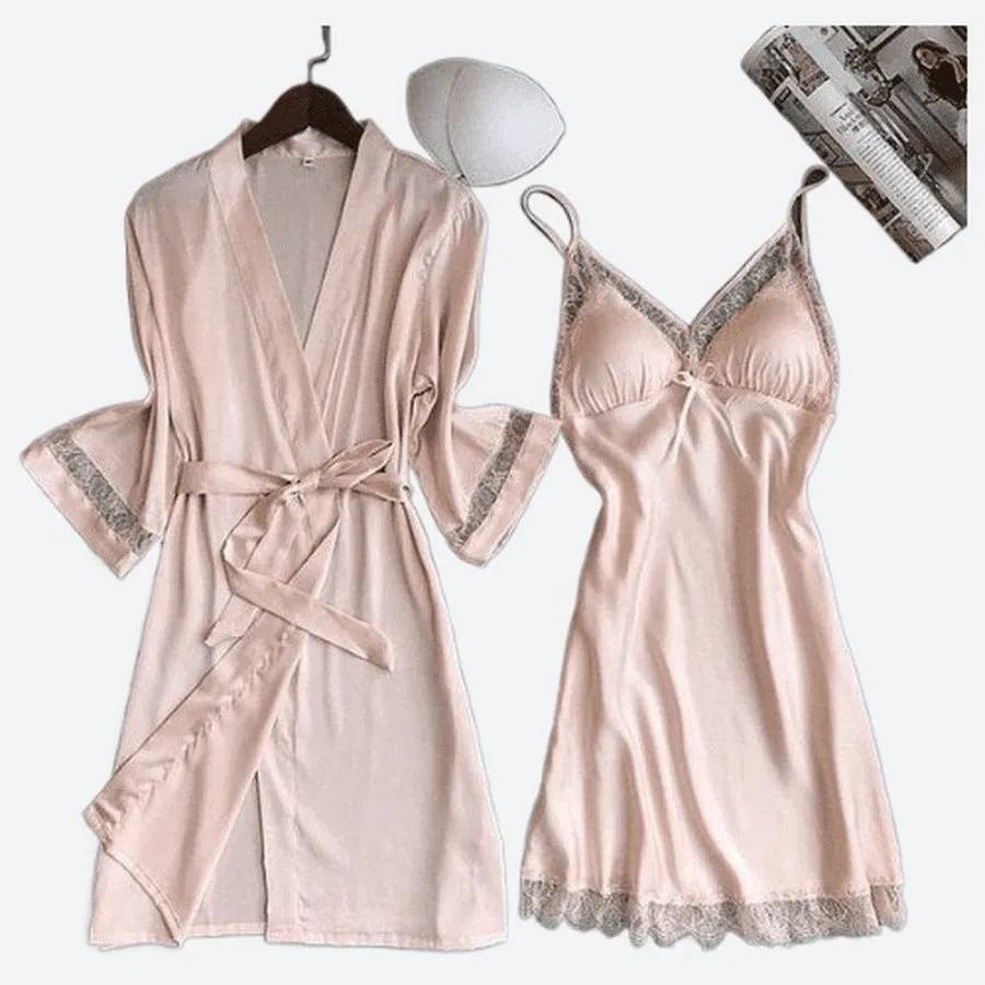 Silken Lace-Trimmed Nightwear and Robe Set