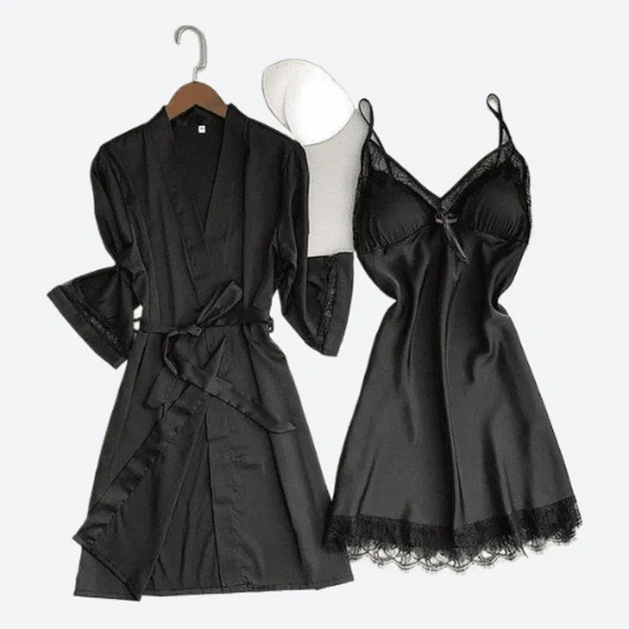 Silken Lace-Trimmed Nightwear and Robe Set