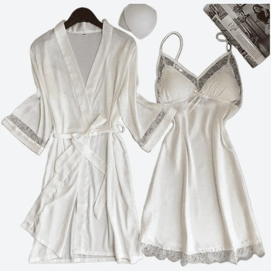 Silken Lace-Trimmed Nightwear and Robe Set