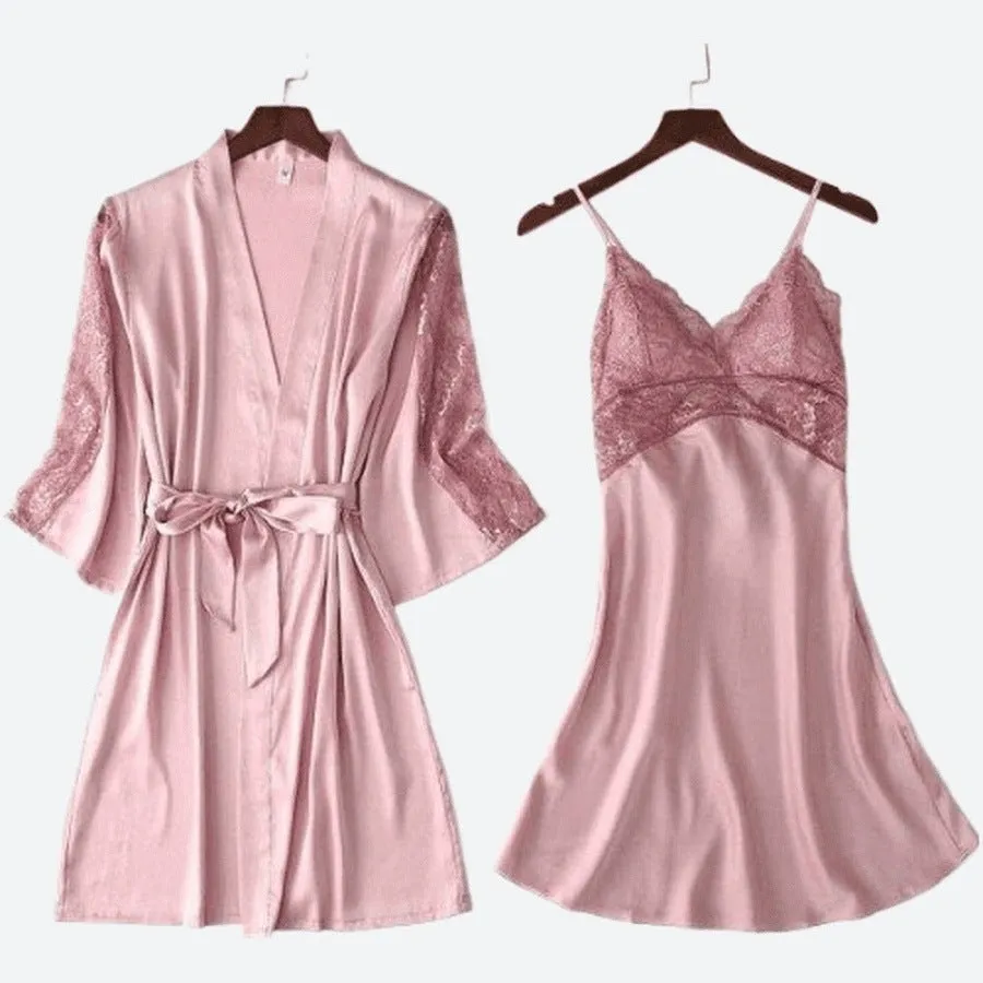 Silken Lace-Trimmed Nightwear and Robe Set