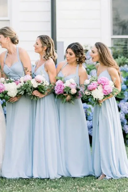 Simple A Line Halter Floor Length Long Chiffon Blue Bridesmaid Dress with Ruched OHS150