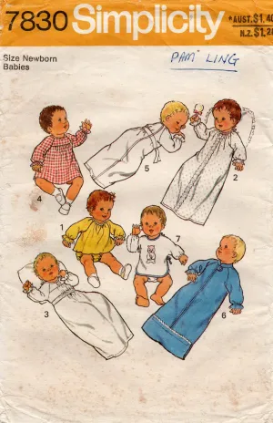Simplicity 7830 Baby Layette Sleeping Bag Gown Dress Panties Top & Feeder 1970s Vintage Sewing Pattern Size Newborn