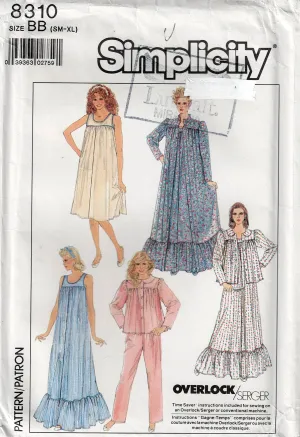 Simplicity 8310 Womens Pyjamas Nightgown Robe & Bed Jacket 1980s Vintage Sewing Pattern Size 10 - 20 UNCUT Factory Folded