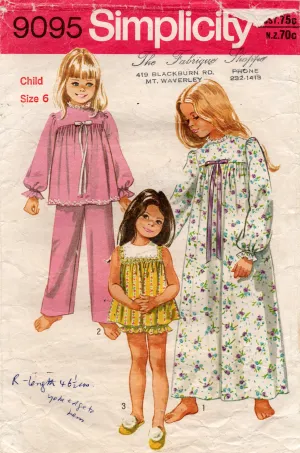 Simplicity 9095 Girls Babydoll Nightgown & Pajamas 1970s Vintage sewing pattern Size 6