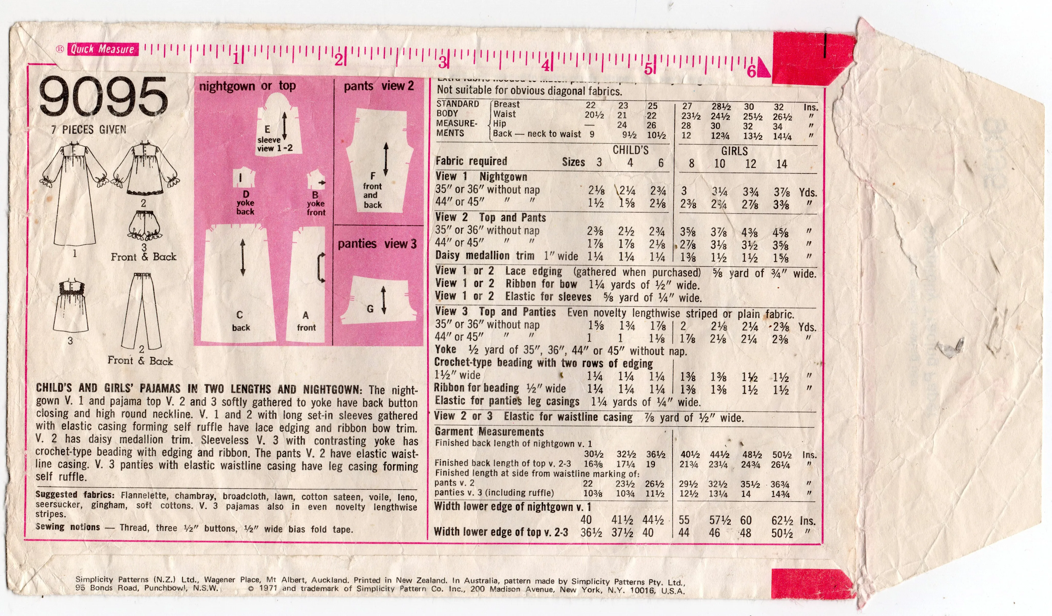 Simplicity 9095 Girls Babydoll Nightgown & Pajamas 1970s Vintage sewing pattern Size 6