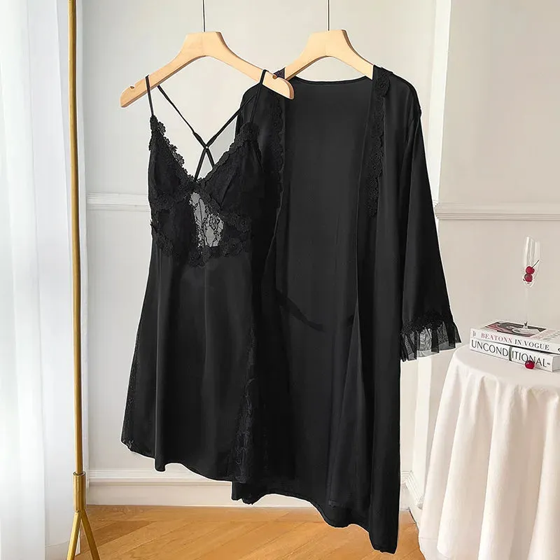 Solid Color Sexy Nightgown & Robe Set Nightdress Ice Satin Sleep Set Lace 2- Piece Set