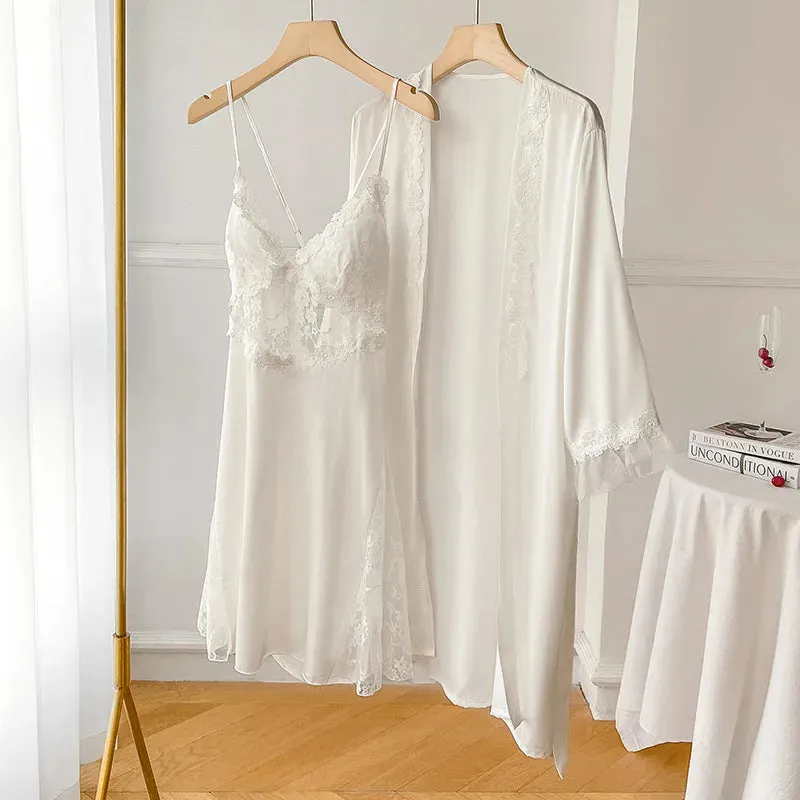 Solid Color Sexy Nightgown & Robe Set Nightdress Ice Satin Sleep Set Lace 2- Piece Set