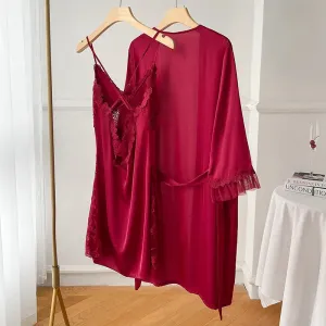Solid Color Sexy Nightgown & Robe Set Nightdress Ice Satin Sleep Set Lace 2- Piece Set