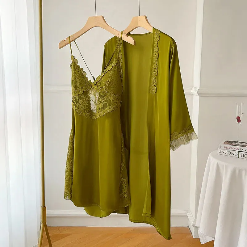 Solid Color Sexy Nightgown & Robe Set Nightdress Ice Satin Sleep Set Lace 2- Piece Set