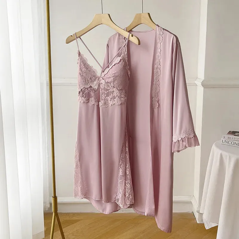 Solid Color Sexy Nightgown & Robe Set Nightdress Ice Satin Sleep Set Lace 2- Piece Set