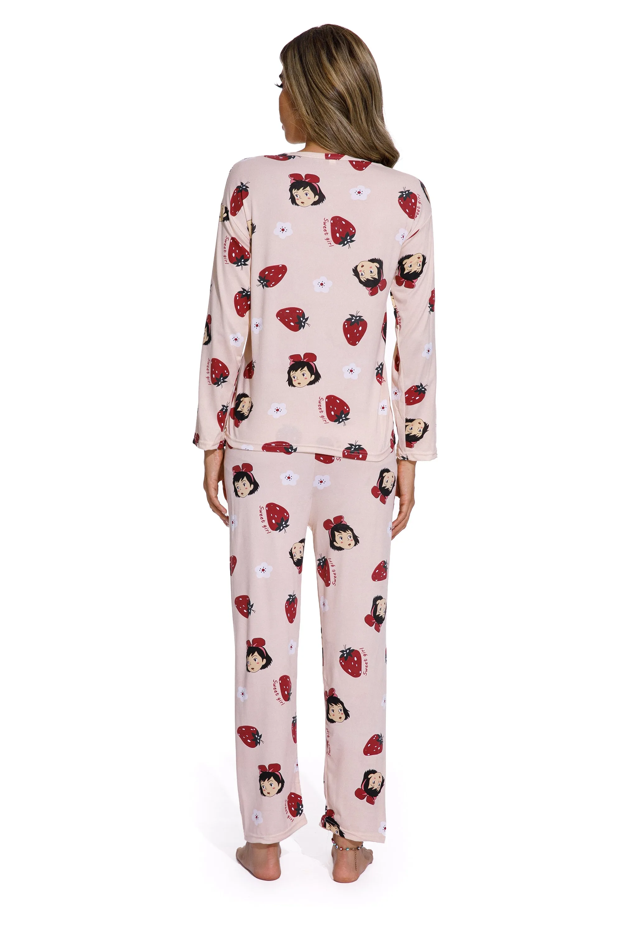 Spring Autumn Strawberry Print  Sleepwear set