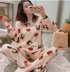 Spring Autumn Strawberry Print  Sleepwear set