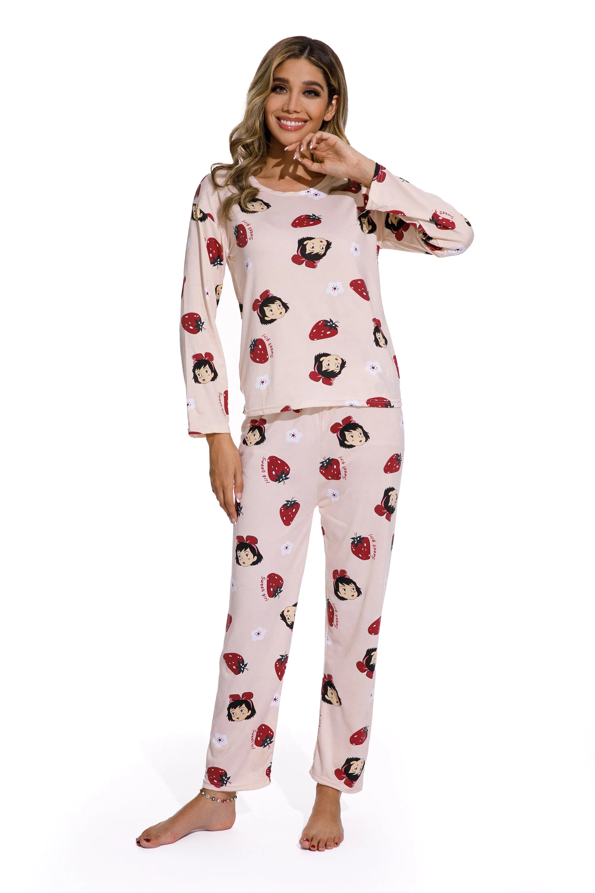 Spring Autumn Strawberry Print  Sleepwear set