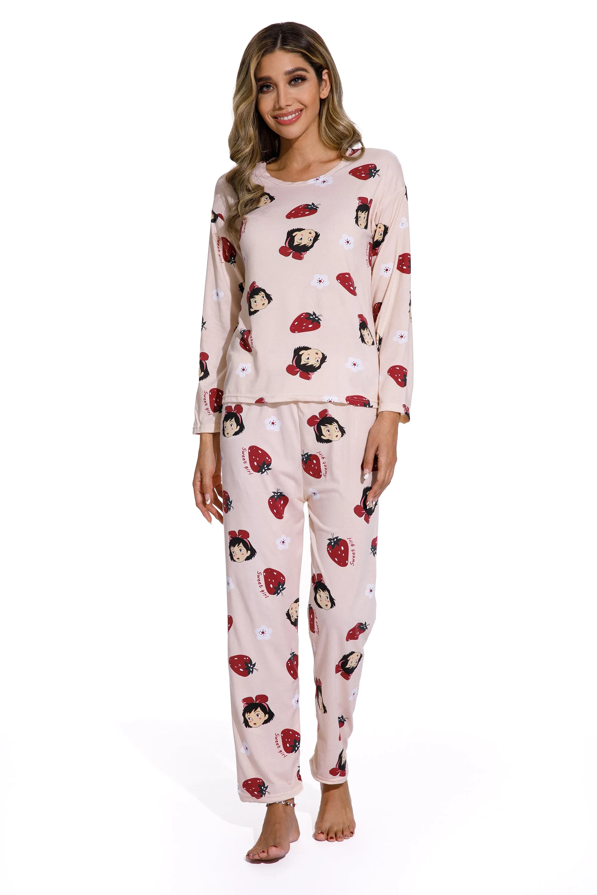 Spring Autumn Strawberry Print  Sleepwear set