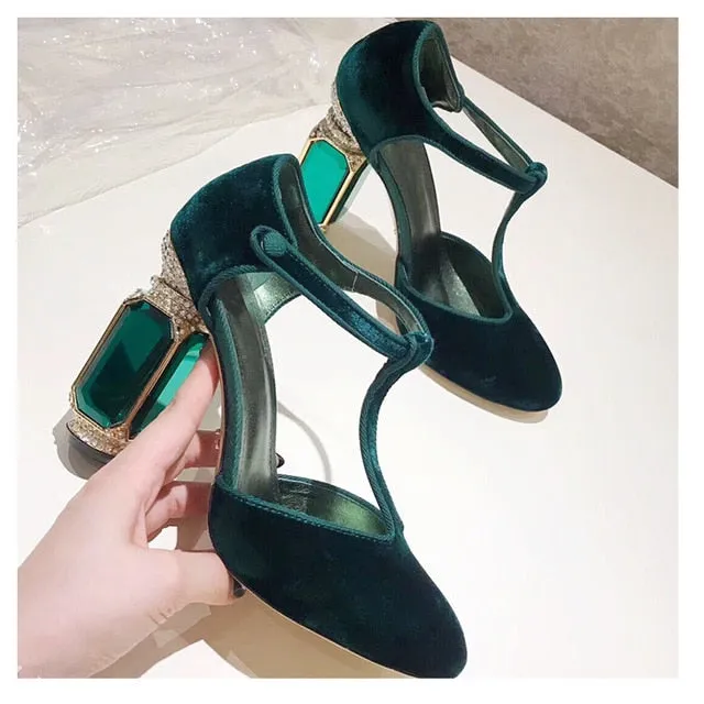 Square Heels Women Pumps Flock T Strap Shoes Women Sexy Point Toe Crown Crystal High Heel Office Pumps Shoes Wedding