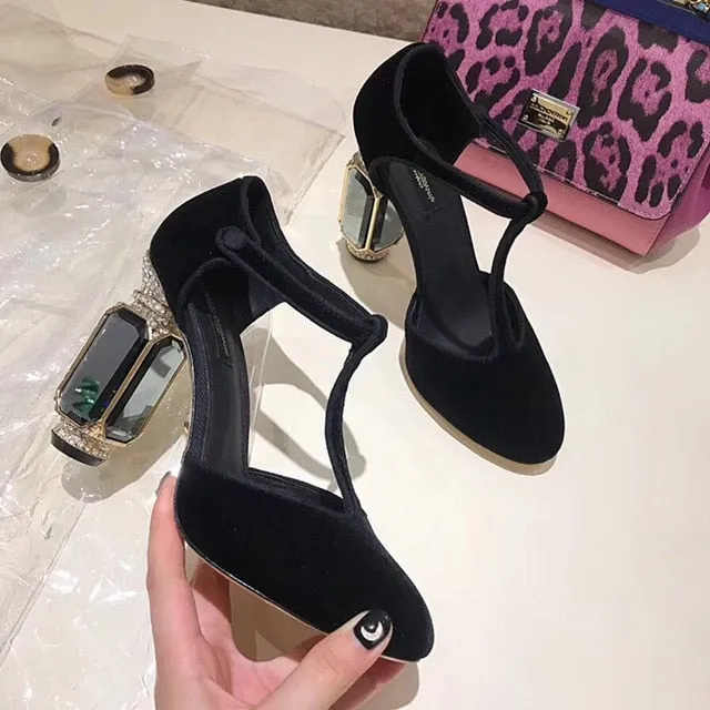 Square Heels Women Pumps Flock T Strap Shoes Women Sexy Point Toe Crown Crystal High Heel Office Pumps Shoes Wedding