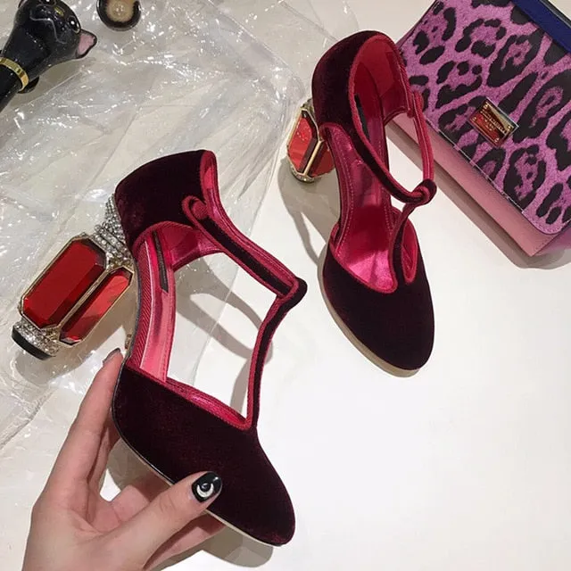 Square Heels Women Pumps Flock T Strap Shoes Women Sexy Point Toe Crown Crystal High Heel Office Pumps Shoes Wedding