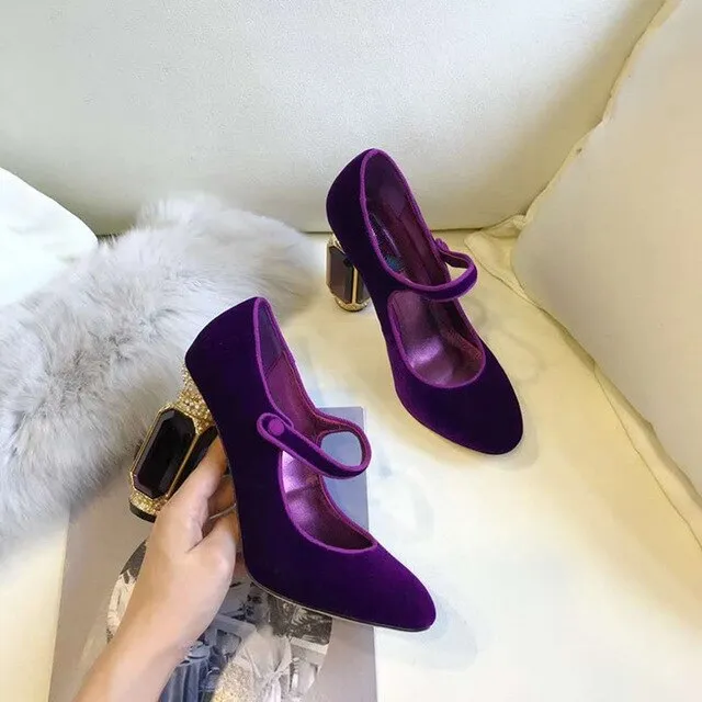 Square Heels Women Pumps Flock T Strap Shoes Women Sexy Point Toe Crown Crystal High Heel Office Pumps Shoes Wedding