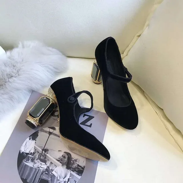 Square Heels Women Pumps Flock T Strap Shoes Women Sexy Point Toe Crown Crystal High Heel Office Pumps Shoes Wedding