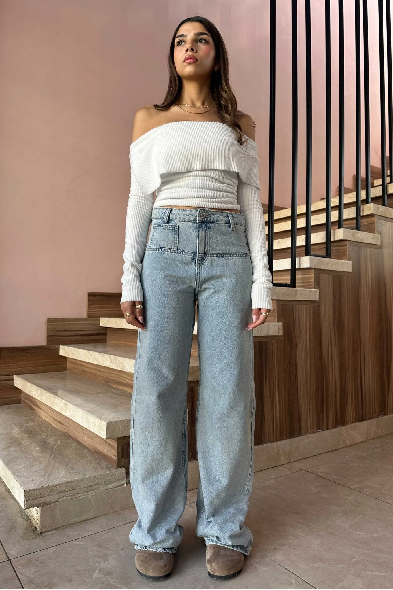 Square Pocket Wide Leg Jeans - Light Blue