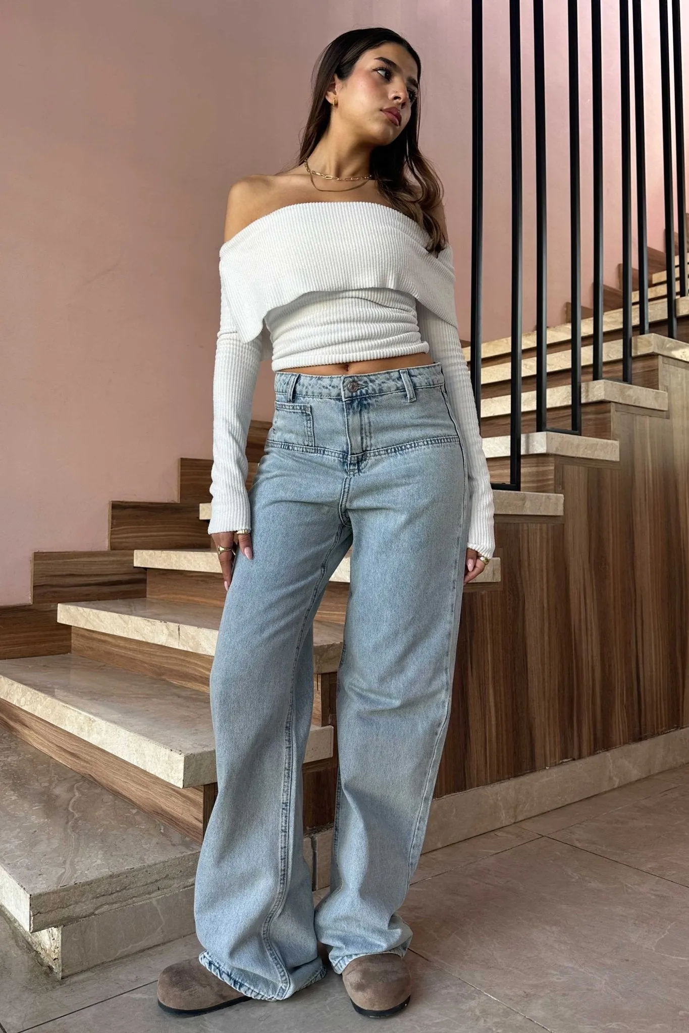 Square Pocket Wide Leg Jeans - Light Blue