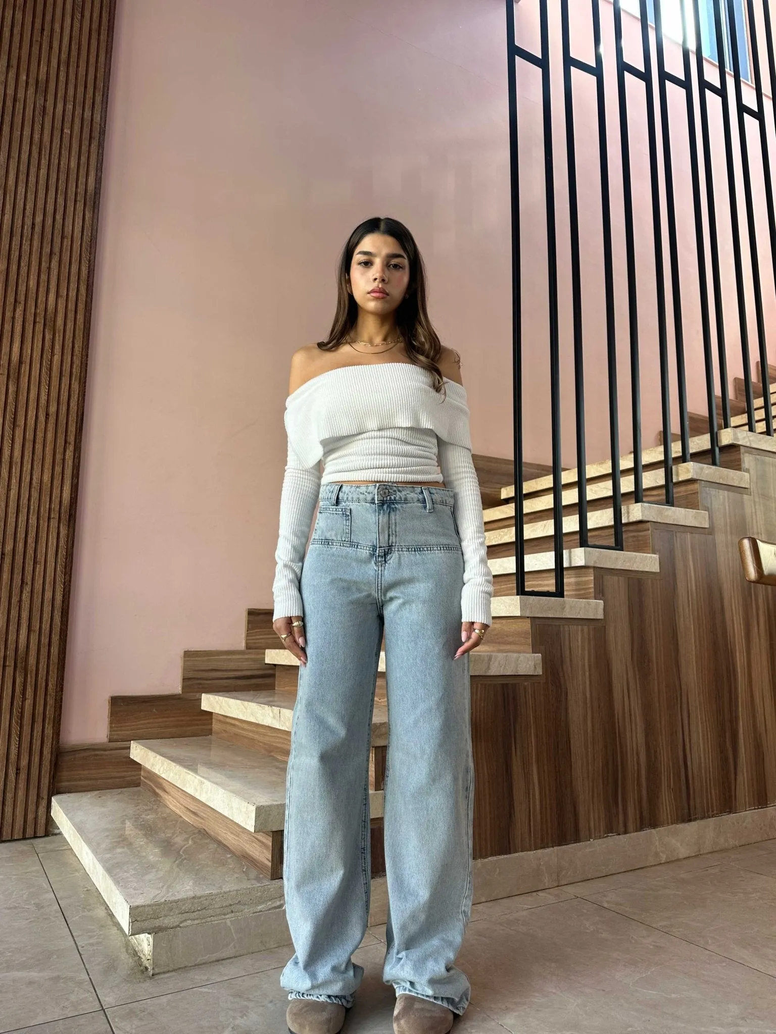 Square Pocket Wide Leg Jeans - Light Blue