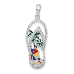 Sterling Silver Polished Enameled Beach Scene Flip-flop Pendant