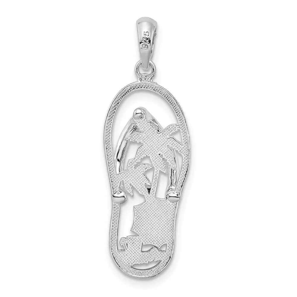 Sterling Silver Polished Enameled Beach Scene Flip-flop Pendant