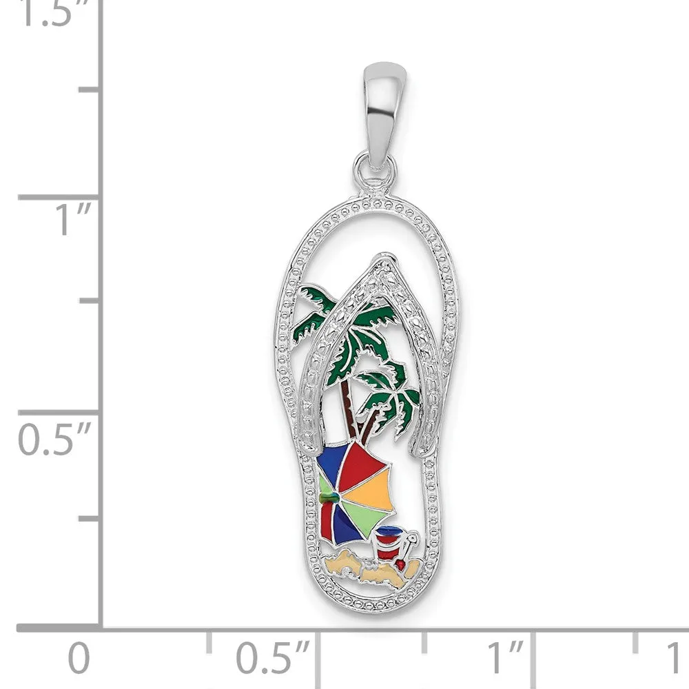 Sterling Silver Polished Enameled Beach Scene Flip-flop Pendant
