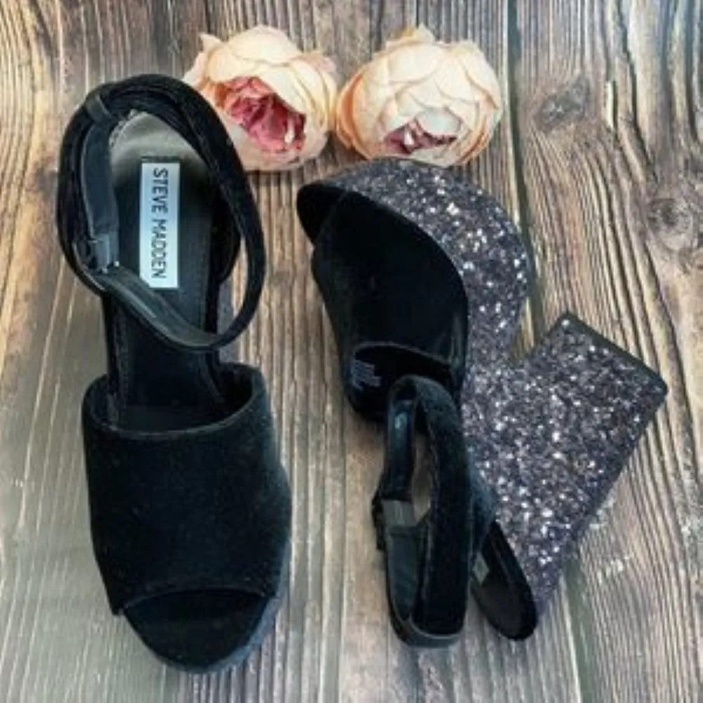 Steve Madden Black Suede-Leather Sandals 7.5M