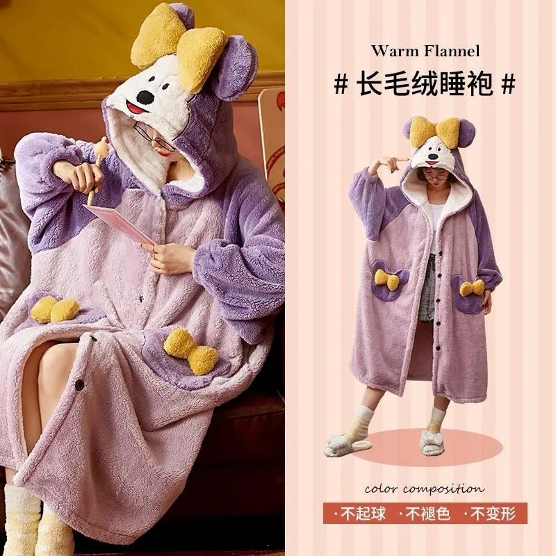 Strawberry Hooded Bathrobe Pajamas Fleece Nightwear Winter Women Warm Thick Coral Velvet Home Wear Nightgown Sleep Wear