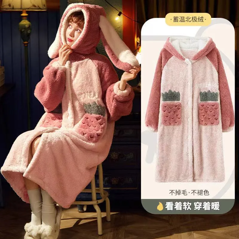Strawberry Hooded Bathrobe Pajamas Fleece Nightwear Winter Women Warm Thick Coral Velvet Home Wear Nightgown Sleep Wear