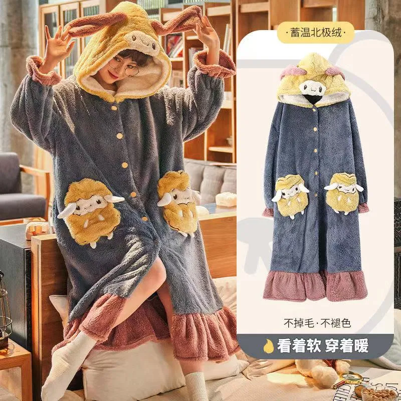 Strawberry Hooded Bathrobe Pajamas Fleece Nightwear Winter Women Warm Thick Coral Velvet Home Wear Nightgown Sleep Wear