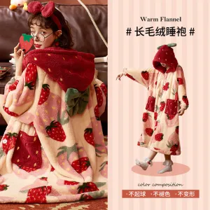 Strawberry Hooded Bathrobe Pajamas Fleece Nightwear Winter Women Warm Thick Coral Velvet Home Wear Nightgown Sleep Wear