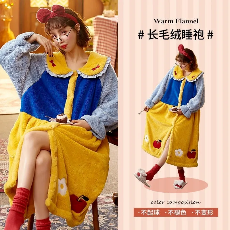 Strawberry Hooded Bathrobe Pajamas Fleece Nightwear Winter Women Warm Thick Coral Velvet Home Wear Nightgown Sleep Wear