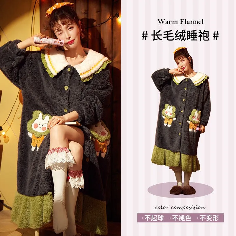 Strawberry Hooded Bathrobe Pajamas Fleece Nightwear Winter Women Warm Thick Coral Velvet Home Wear Nightgown Sleep Wear