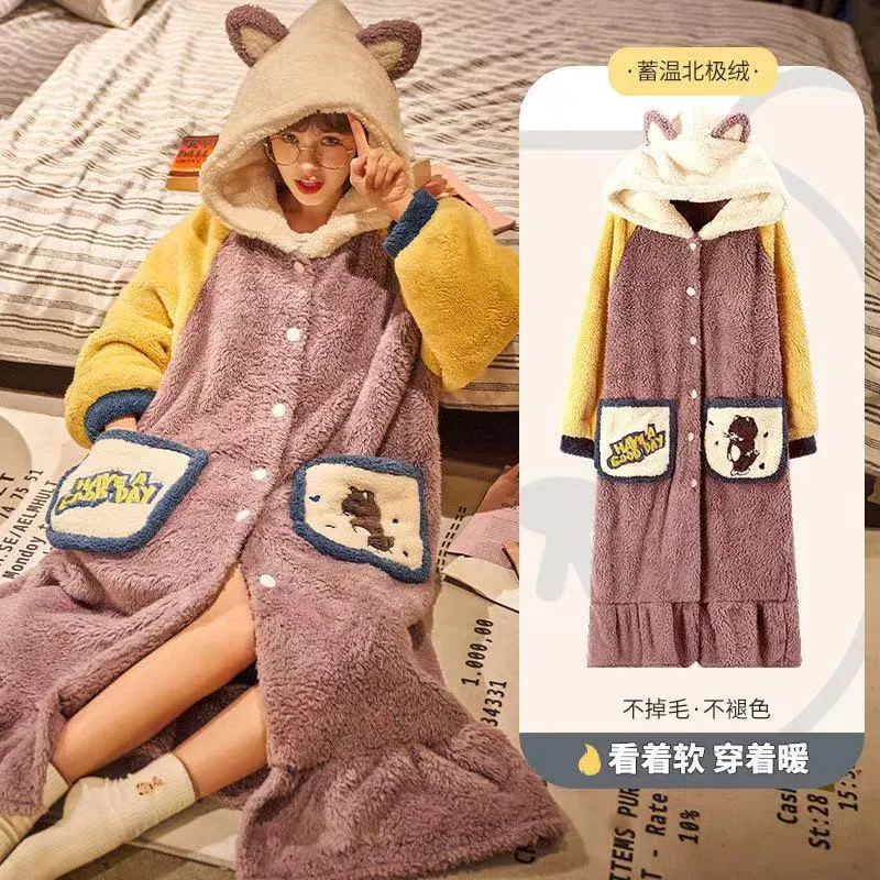 Strawberry Hooded Bathrobe Pajamas Fleece Nightwear Winter Women Warm Thick Coral Velvet Home Wear Nightgown Sleep Wear