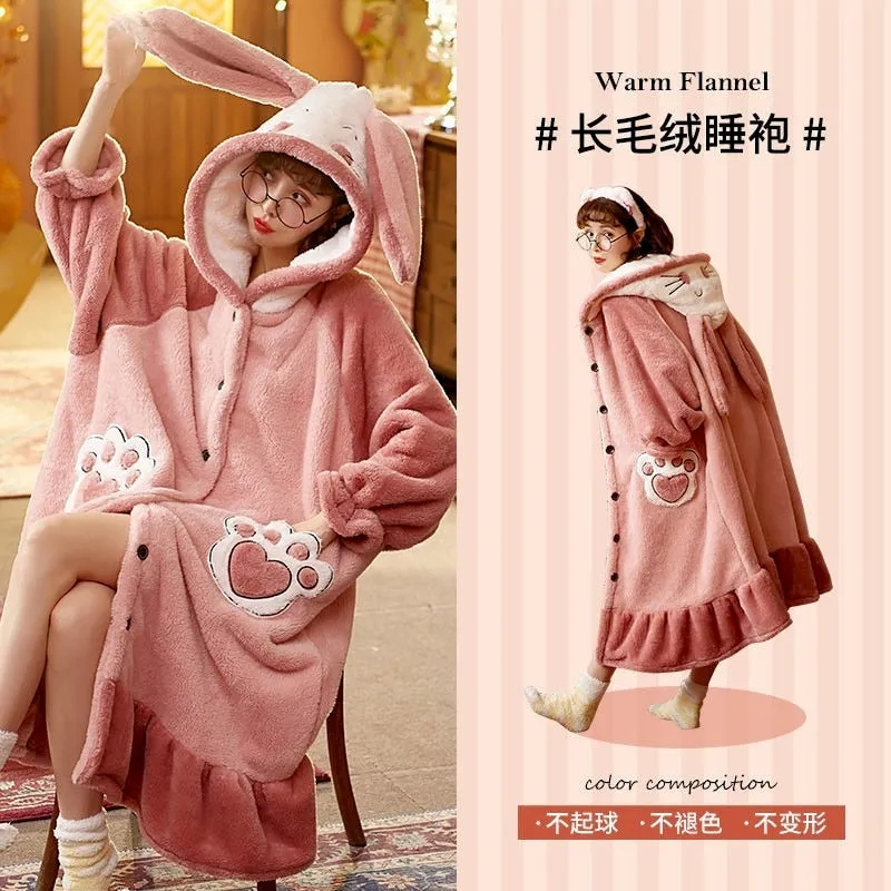 Strawberry Hooded Bathrobe Pajamas Fleece Nightwear Winter Women Warm Thick Coral Velvet Home Wear Nightgown Sleep Wear