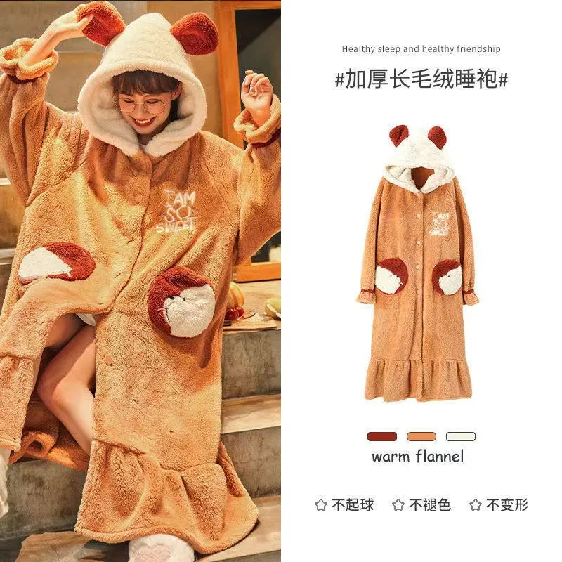Strawberry Hooded Bathrobe Pajamas Fleece Nightwear Winter Women Warm Thick Coral Velvet Home Wear Nightgown Sleep Wear