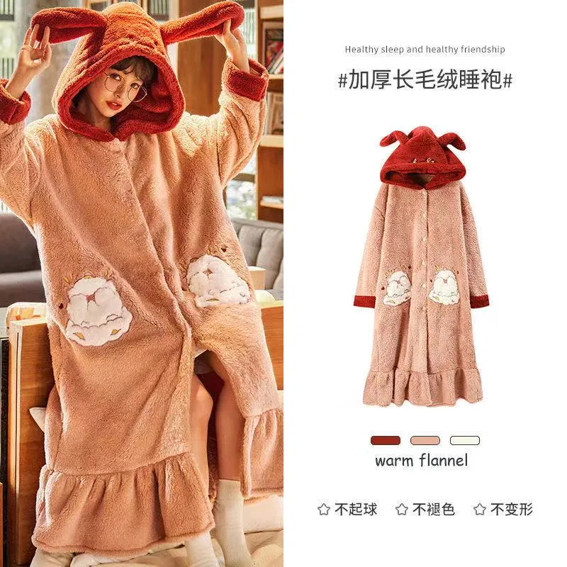Strawberry Hooded Bathrobe Pajamas Fleece Nightwear Winter Women Warm Thick Coral Velvet Home Wear Nightgown Sleep Wear