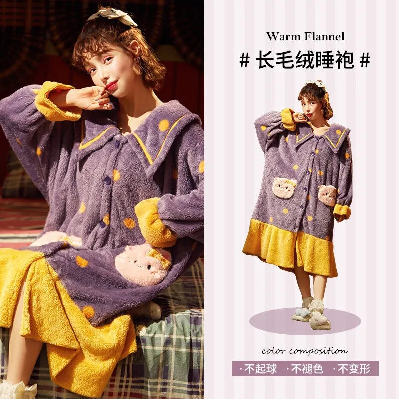Strawberry Hooded Bathrobe Pajamas Fleece Nightwear Winter Women Warm Thick Coral Velvet Home Wear Nightgown Sleep Wear