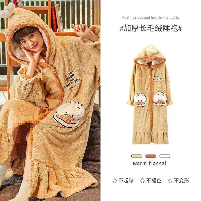 Strawberry Hooded Bathrobe Pajamas Fleece Nightwear Winter Women Warm Thick Coral Velvet Home Wear Nightgown Sleep Wear